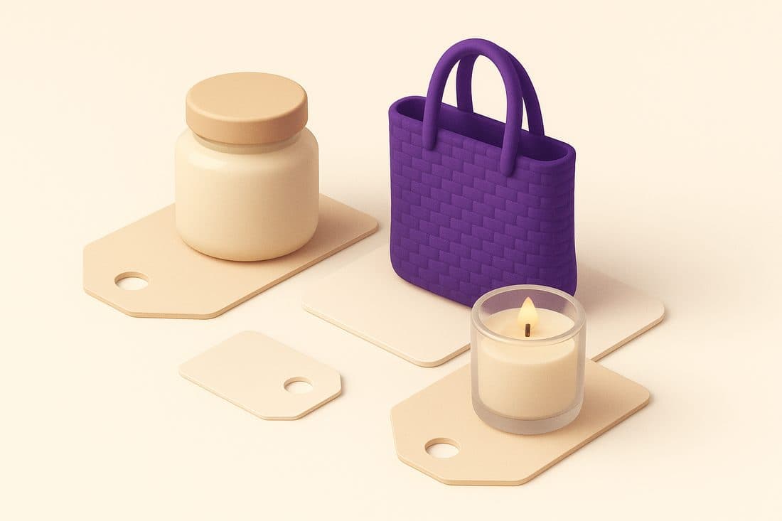 3D render of handmade shea butter, a woven tote bag, and a candle, each with a price tag